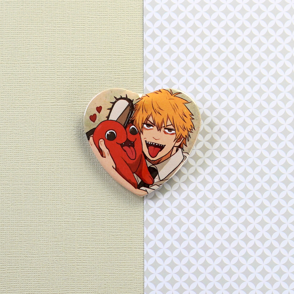 Chainsaw Man Heart Shaped Buttons – weirdtakoyaki